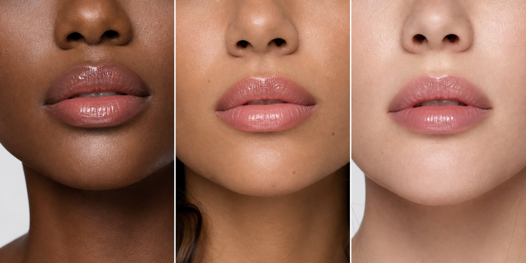 Nude Pink and Creme Brulee lip balm shades on glossy lips